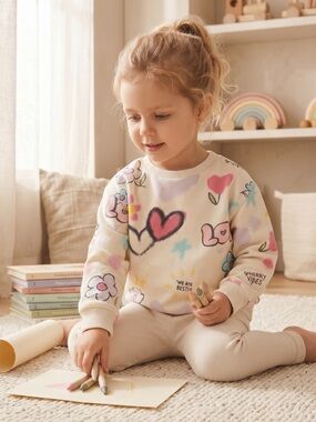 Zara Cream Sweatshirt with Pink & Blue Heart Graphics